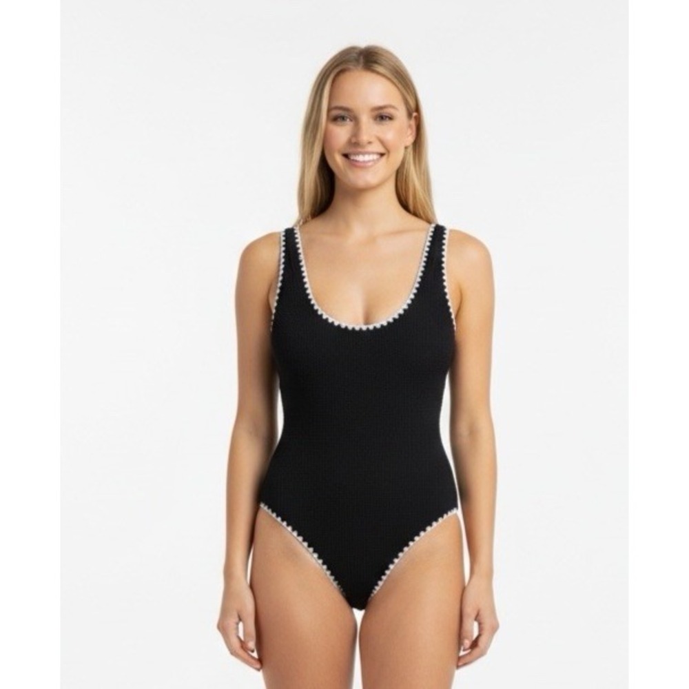 Betsey Johnson  M  1-Piece Textured Black Ribbed Crochet Edge Swimsuit NEW 1773
